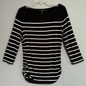 WHITE HOUSE BLACK MARKET Black and White Striped T-Shirt Ruched Sides Size M